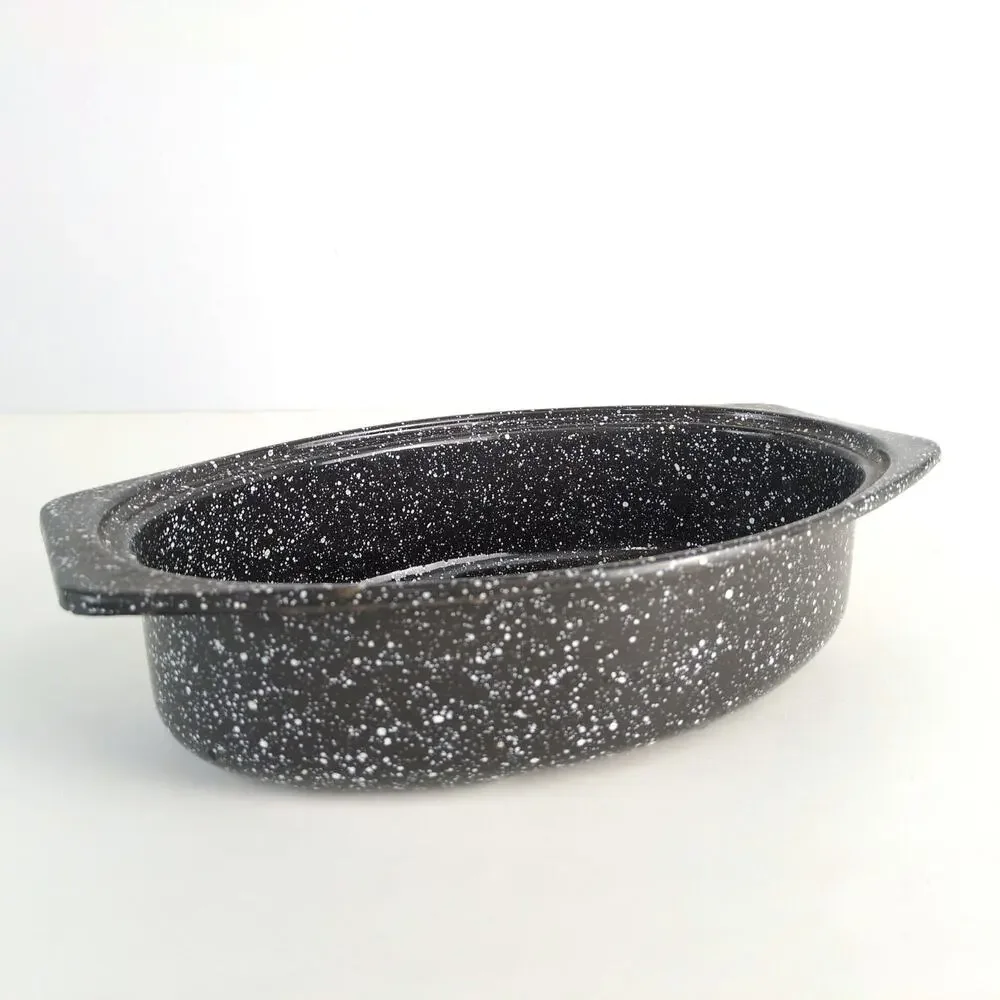 Vintage Black Graniteware Oval Small‎ Oven Roasting Pan, Speckled Enamel 13x8